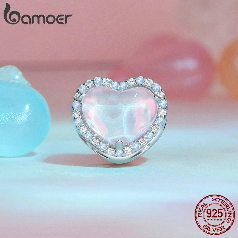 

BAMOER стерлингового серебра 925 пробы милый медведь из бисера Подвески в форме сердца защитная цепочка подходит для европейских браслетов DIY аксессуары SCC2716 серебряный