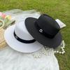 Hat Women's Fashion Elegant Big Eaves Pearl Straw Hat Women's Summer Travel Sunscreen Sun Hat British Top Hat