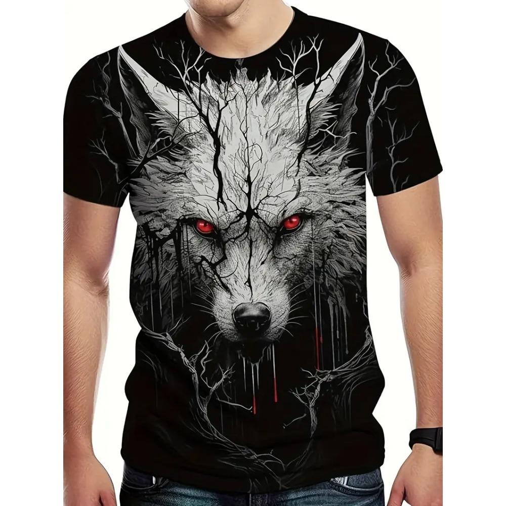Men's Fashion 3D Pattern Fire Wolf Pattern Printed T-shirt Summer Extra Large Casual T-shirt Men's Fitness Short Sleeve Top
