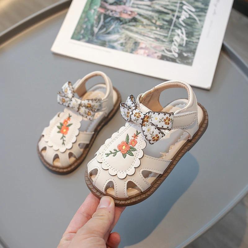 Beige Girls Sandals Embroidered Bow Non-slip Bun Head, Summer Outdoor PU Girls Fashion Sandals, Size 21-30 Sandalias De Mujer