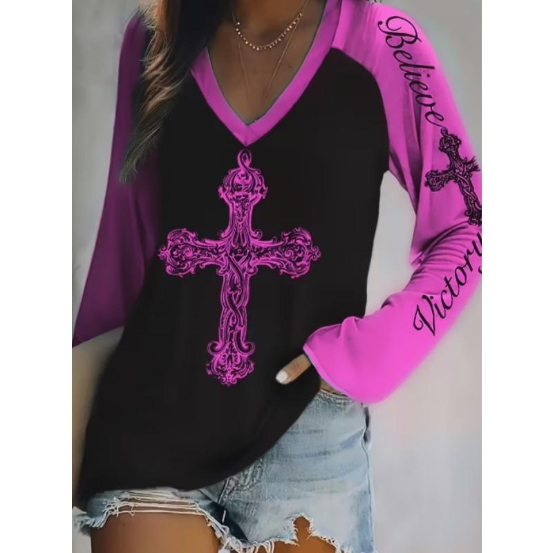 Vintage Women's T-Shirt Floral Graphic Plants Elegant Fashion Tee Long Sleeve T-shirts V-Neck Regular Tops Pullover Fall Winter