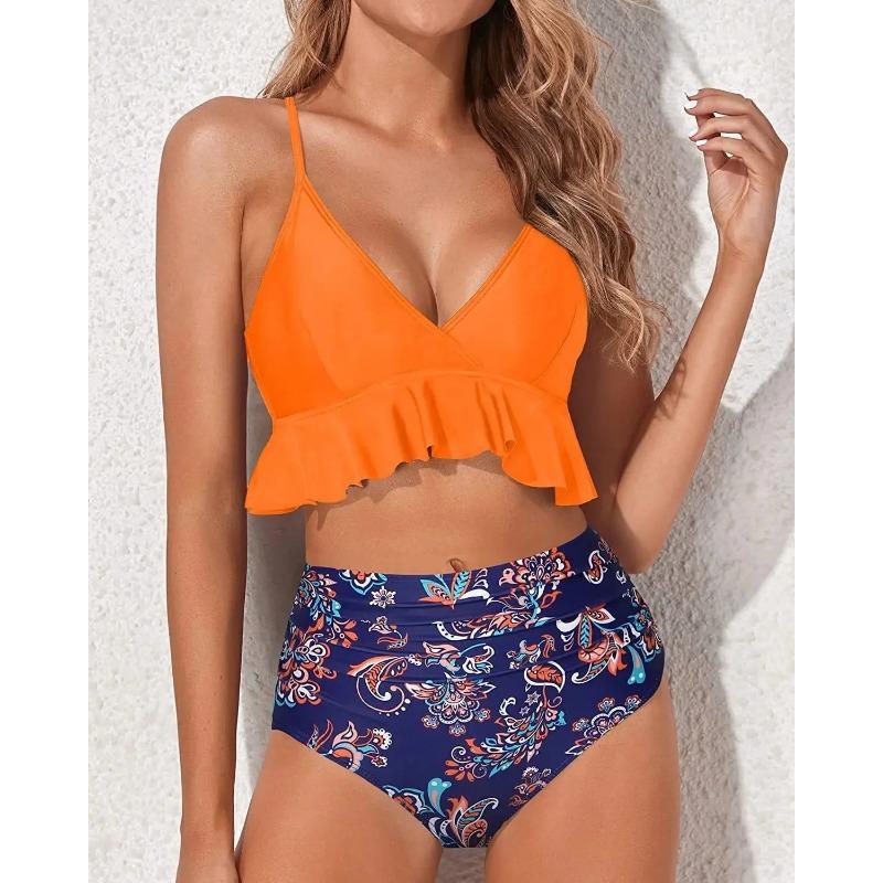 Bikiny s vysokým pasem Plavky Jednobarevné Oddělený design Detaily s listovým okrajem Čínská značka Dámské módní plavky