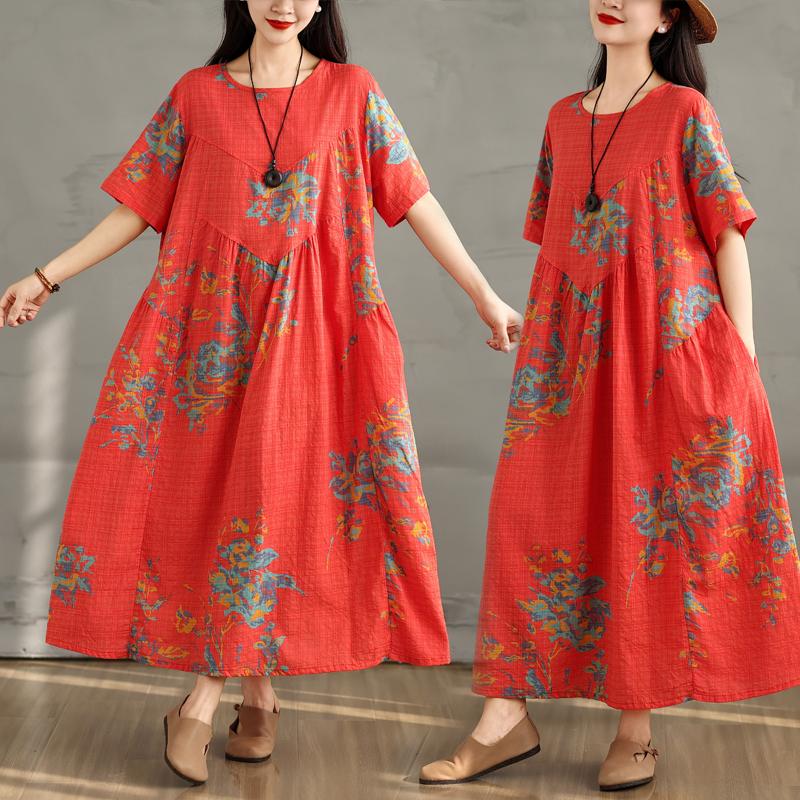 Dimanaf Vestido de Verano Talla Grande Mujer Casual Vintage Vestido Largo Estampado Floral Suelto Tipo Camisero Maxi