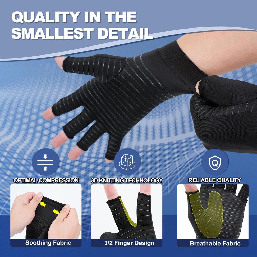 1Pair Copper Compression Arthritis Gloves Fingerless for Carpal Tunnel, RSI, Rheumatoid, Tendonitis, Hand Pain, Computer Typing