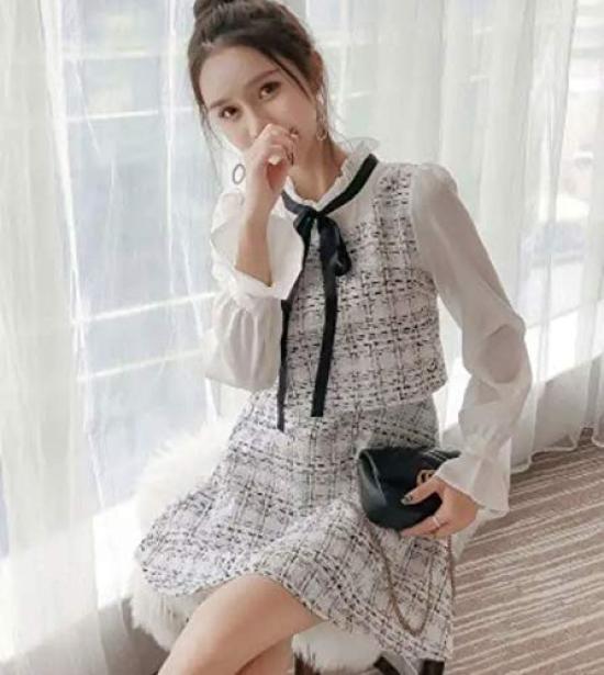 Check Tweed Ribbon Mini Dress Size [Nshop] (White, S)