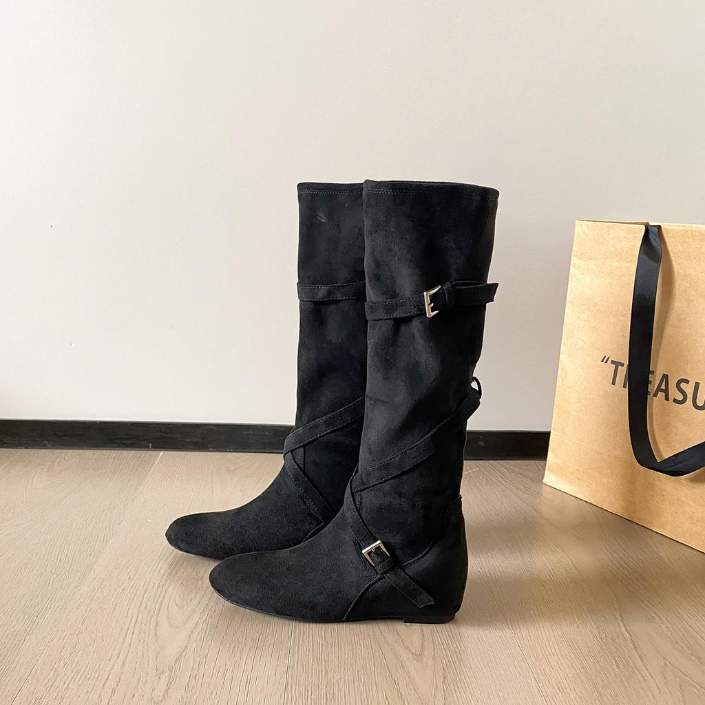 Cowhide version retro style inner height increase 6cm knight boots women's cross buckle pleated boots slim medium boots