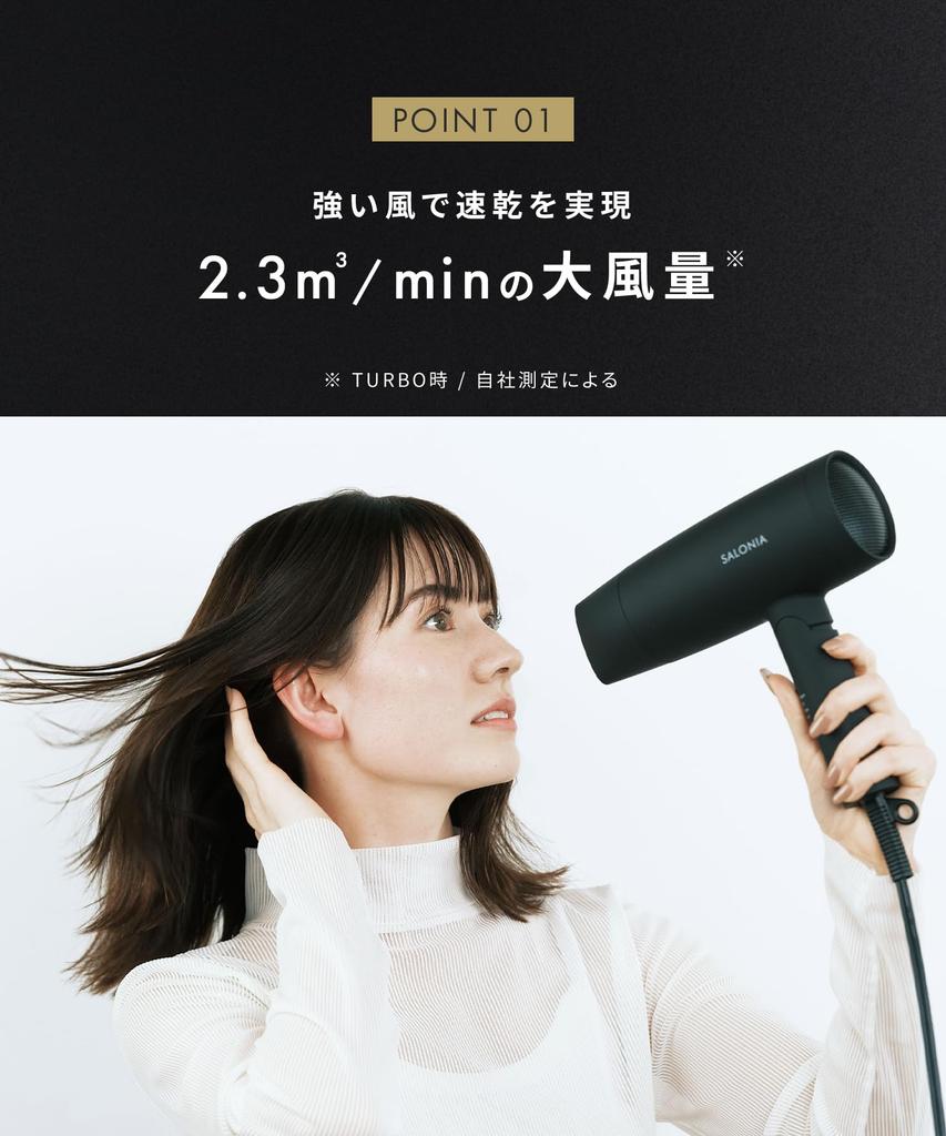 SALONIA Speedy Ion Hair Dryer, High Airflow, Fast Drying, Lightweight, Negative Ion Hair Dryer SL-013AGR, Gray [Amazon.co.jp Exclusive]