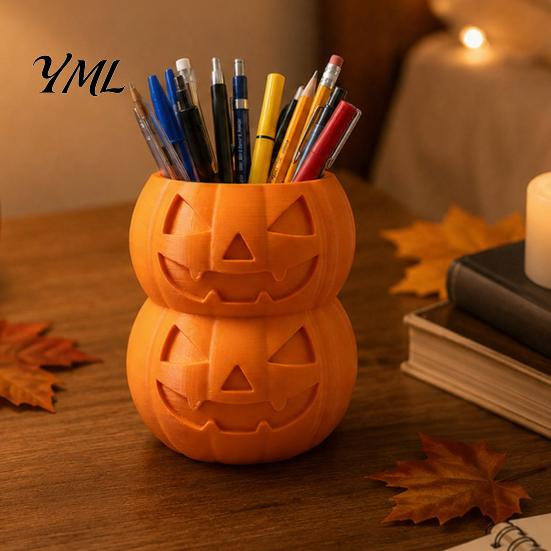 Unique Desk Organizer 3D Printed Double Pumpkin Pen Holder, Stacked Desktop Organizer, Stationery Halloween Storage Container for Pencils Markers And