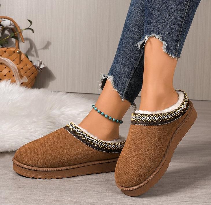 Snow Boots Women Winter New Cashmere Warm Thick Soles Without Heel-covered Hair Half Slipper Cotton Shoes Cashmere Warm Boots