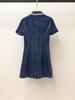 Women's Autumn French Style Rhinestone Turn-Down Collar A-Line Denim Dress