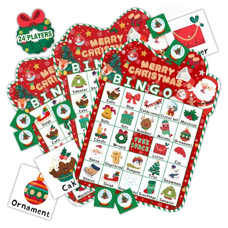 Festliche Familien-Bingo-Spielkarten für 24 Spieler Komplettes Set mit 33 strapazierfähigen Teilen Unterhaltung für die Feiertagsparty