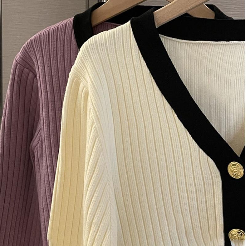 Maglione Corto Scollo a V da Donna Autunno Nuovo Maniche Lunghe Cardigan Lavorato a Maglia Giacca Top
