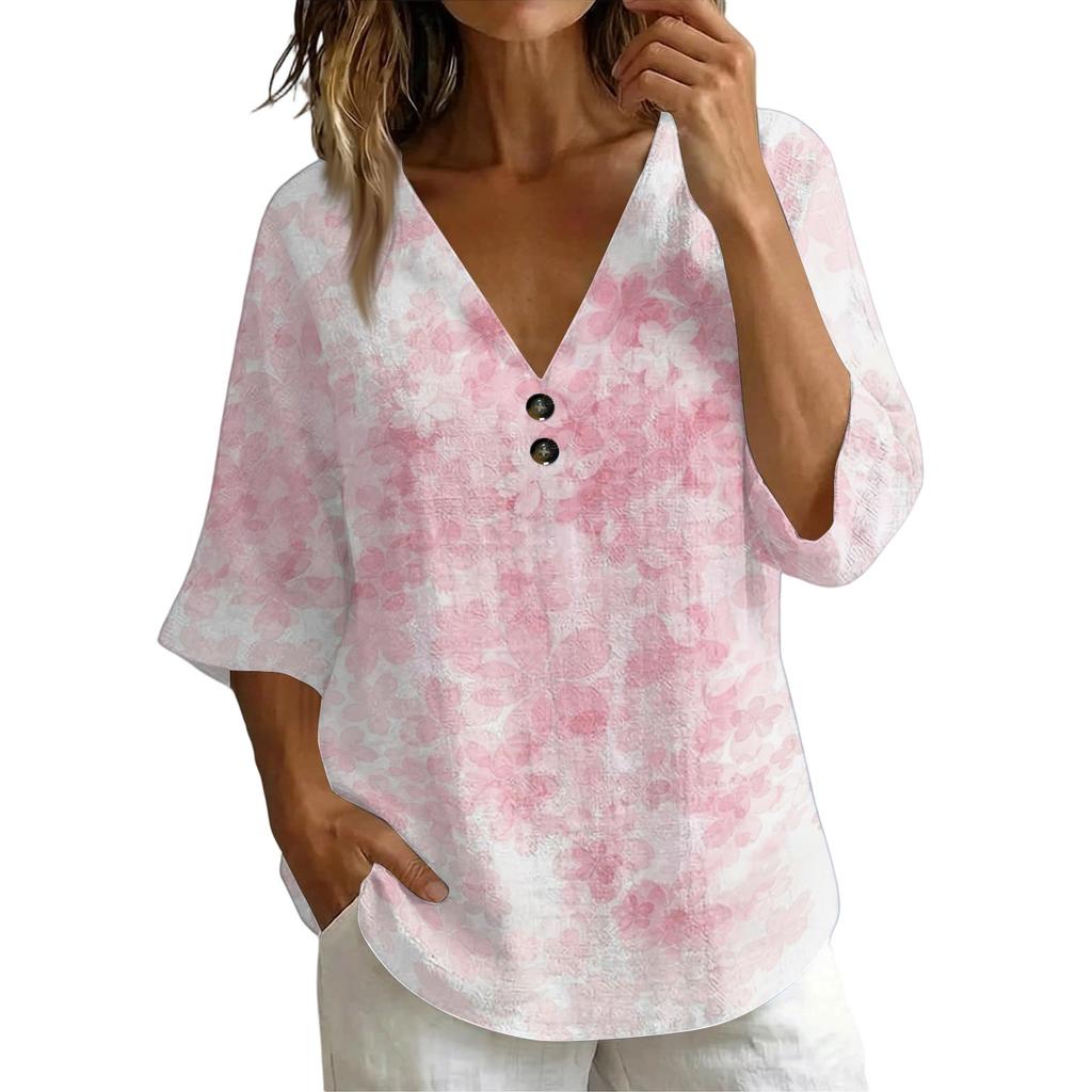 Women V Neck Vintage Floral Print Loose Fit Short Sleeve Blouse Linen Blend Casual Top for Everyday Wear Summer Spring