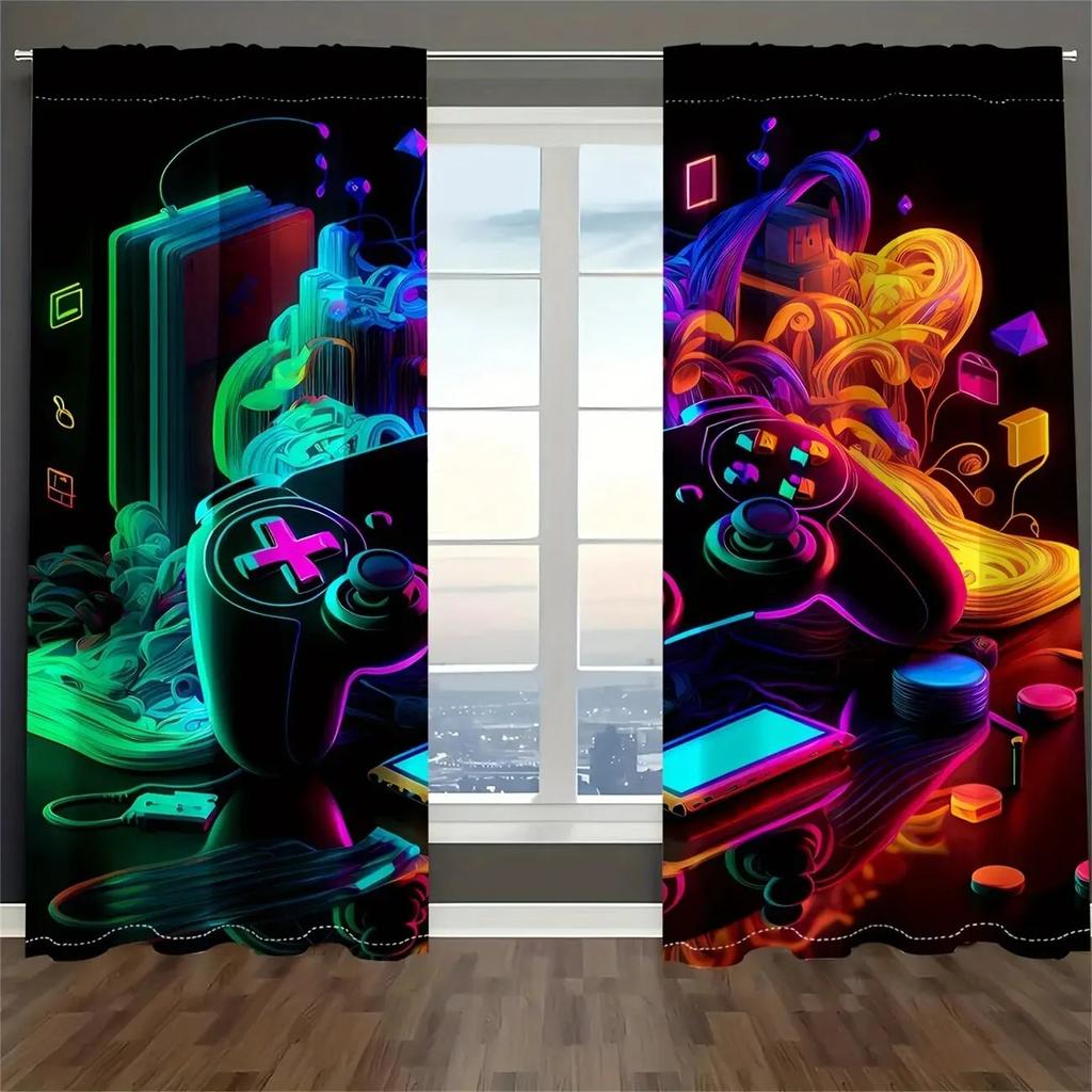 Set Of 2 Modern Jit Luminous Gamepad Curtains Polyester Drapes Gaming Room Window Decor Home Curtain Blackout With Rod Pocket