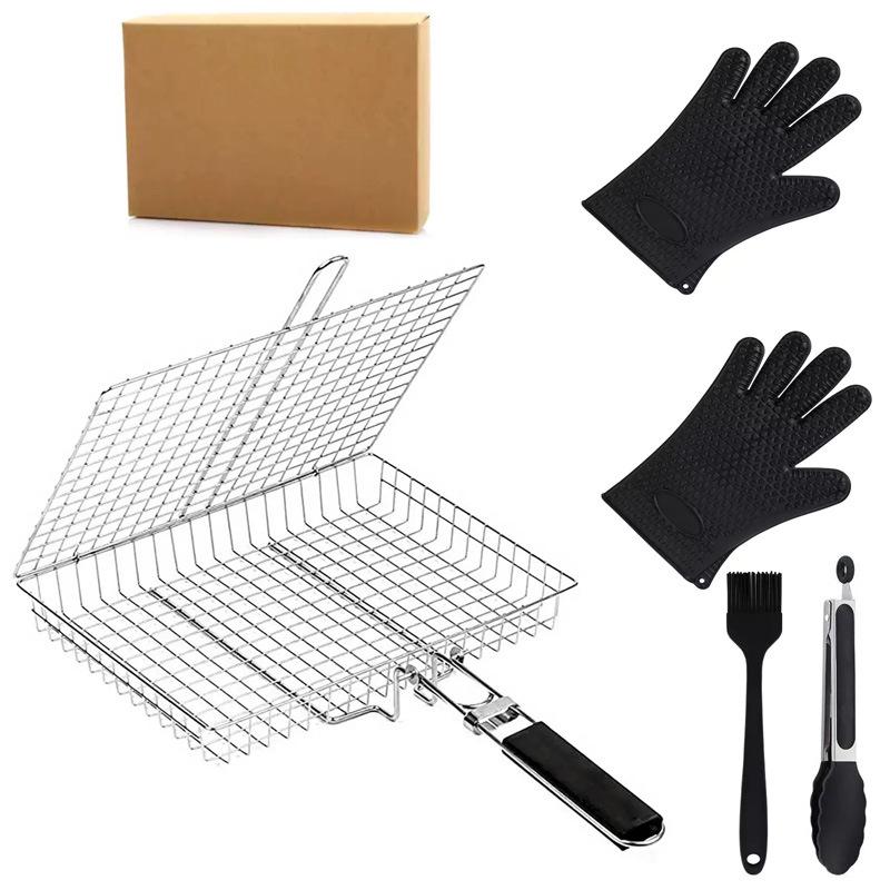 Stainless Steel Folding Handle BBQ Grill Clip for Fish, Meat & Vegetables