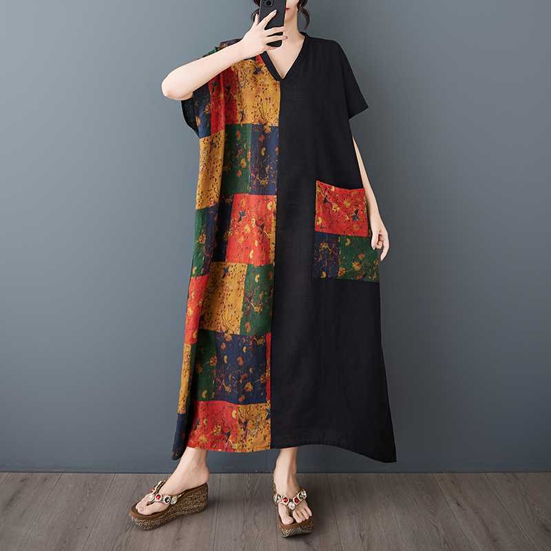 Women's Cotton and Linen Retro Slimming Short Sleeved Color Blocked Dress