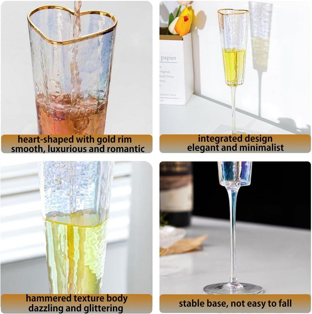 Heart-Shaped Champagne Flutes Set of 2, Golden-Rimmed Crystal Wedding Toasting Glasses for Couples, Birthday, Christmas, Anniver