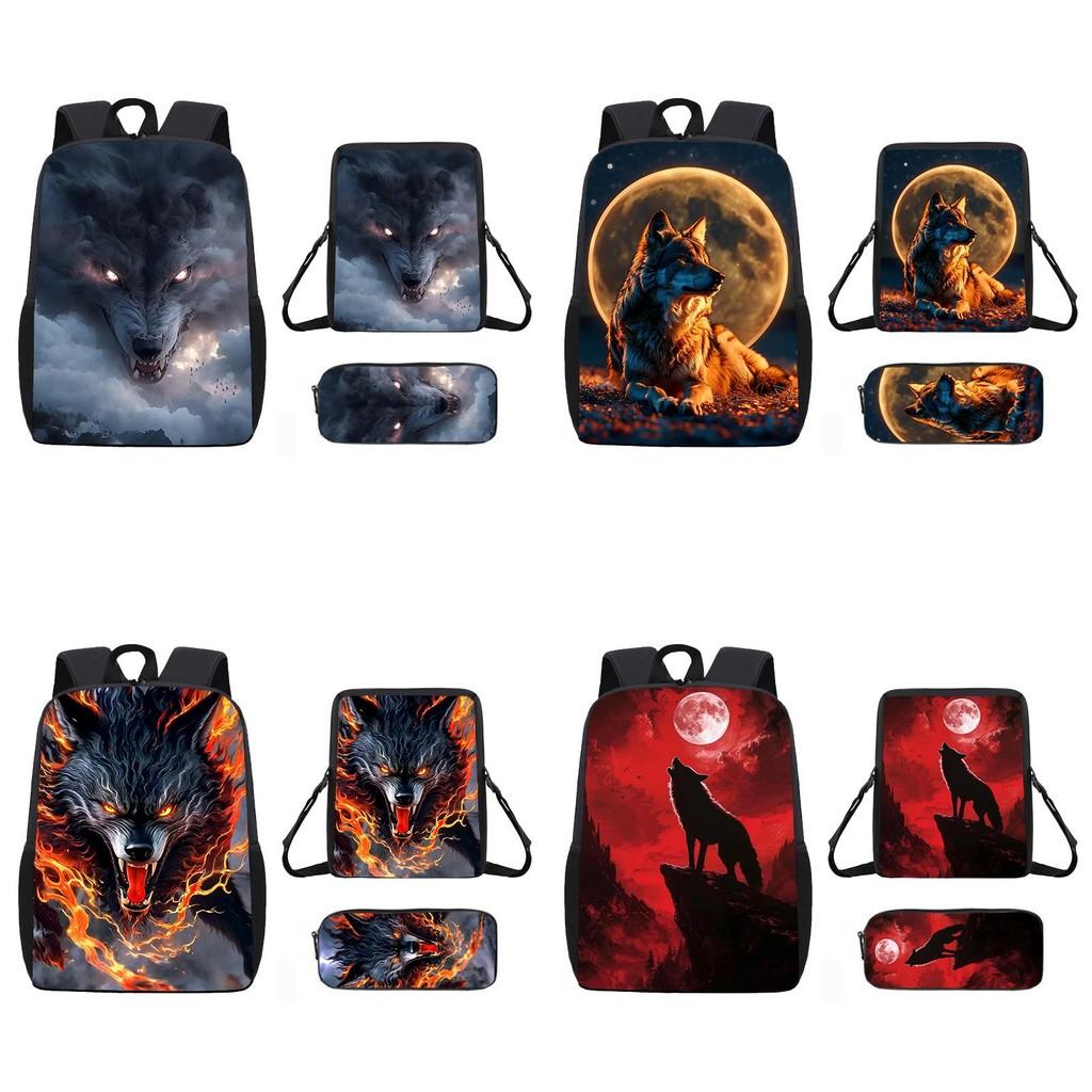 Pattern Animal Wolf Backpack Kids Shoulder Bag Pencil Case Student Use School
