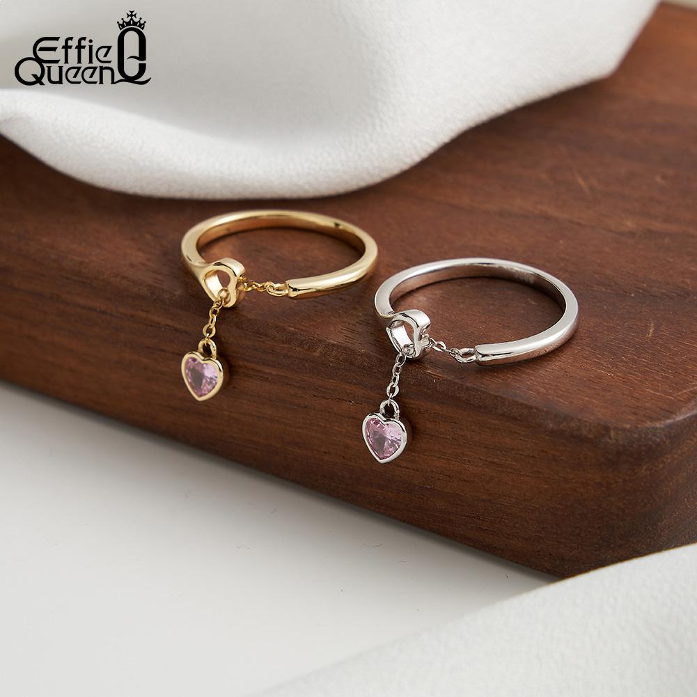 Effie Queen 925 Sterling Silver Zirconia Pendant Open Rings Wedding Tassel Chain Promise Ring Finger Band Fashion Jewelry Gift