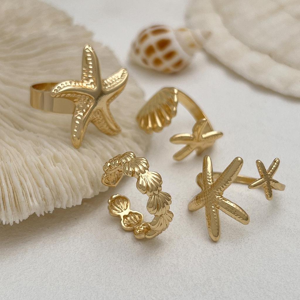 4Pcs/Set Starfish Scallop Adjustable Open Rings for Women Trendy Geometric Ring Summer Beach Jewelry Accessory