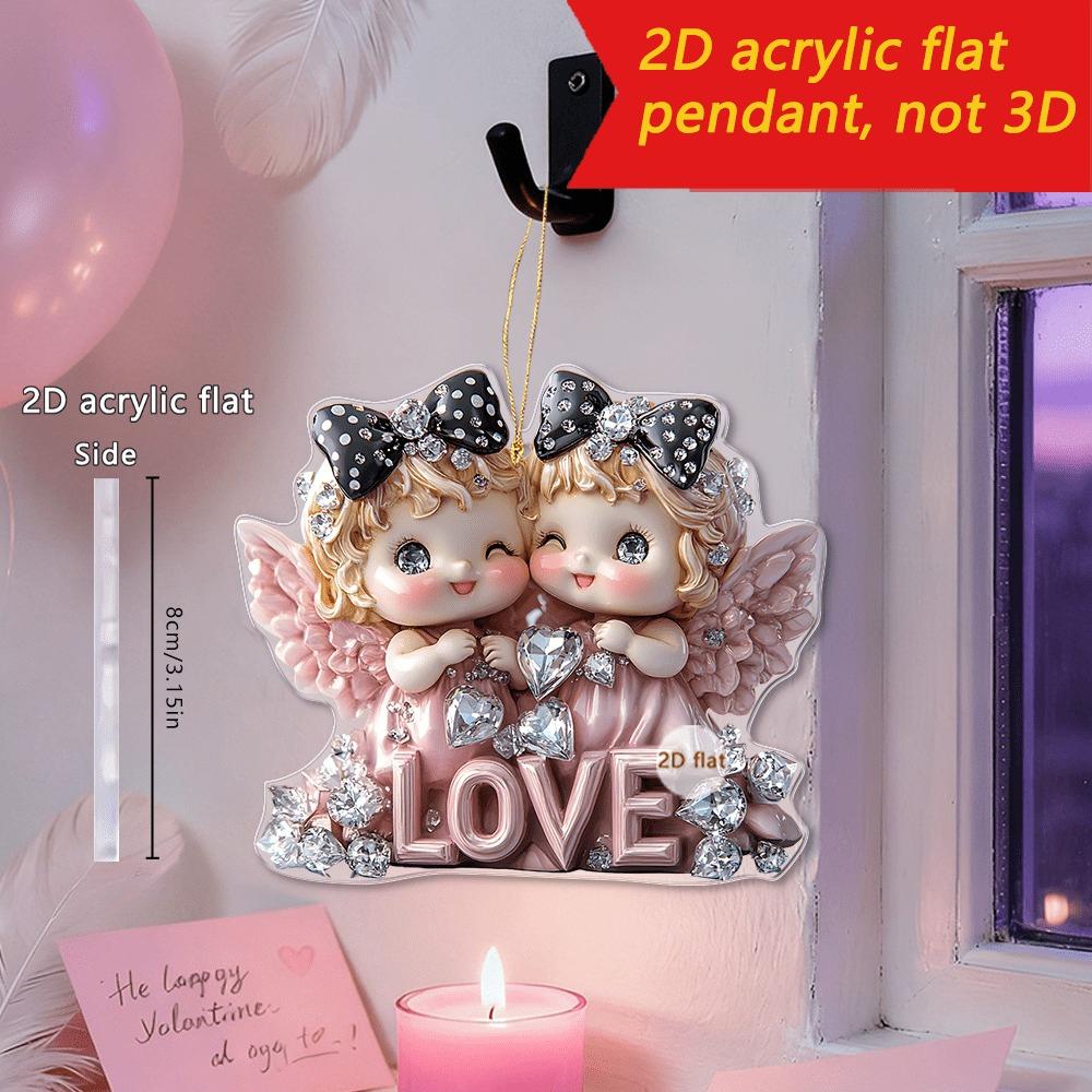 1pc Heart Angel Pendant, with a romantic flat design featuring hearts, LOVE and bows, is suitable for car ornaments, couple backpack matching 8*9CM