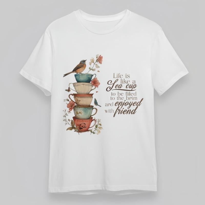 

Women s Oversize Trend Classic T-Shirt Tea Cups Birds Life Quote Handwritten Tee 2XL