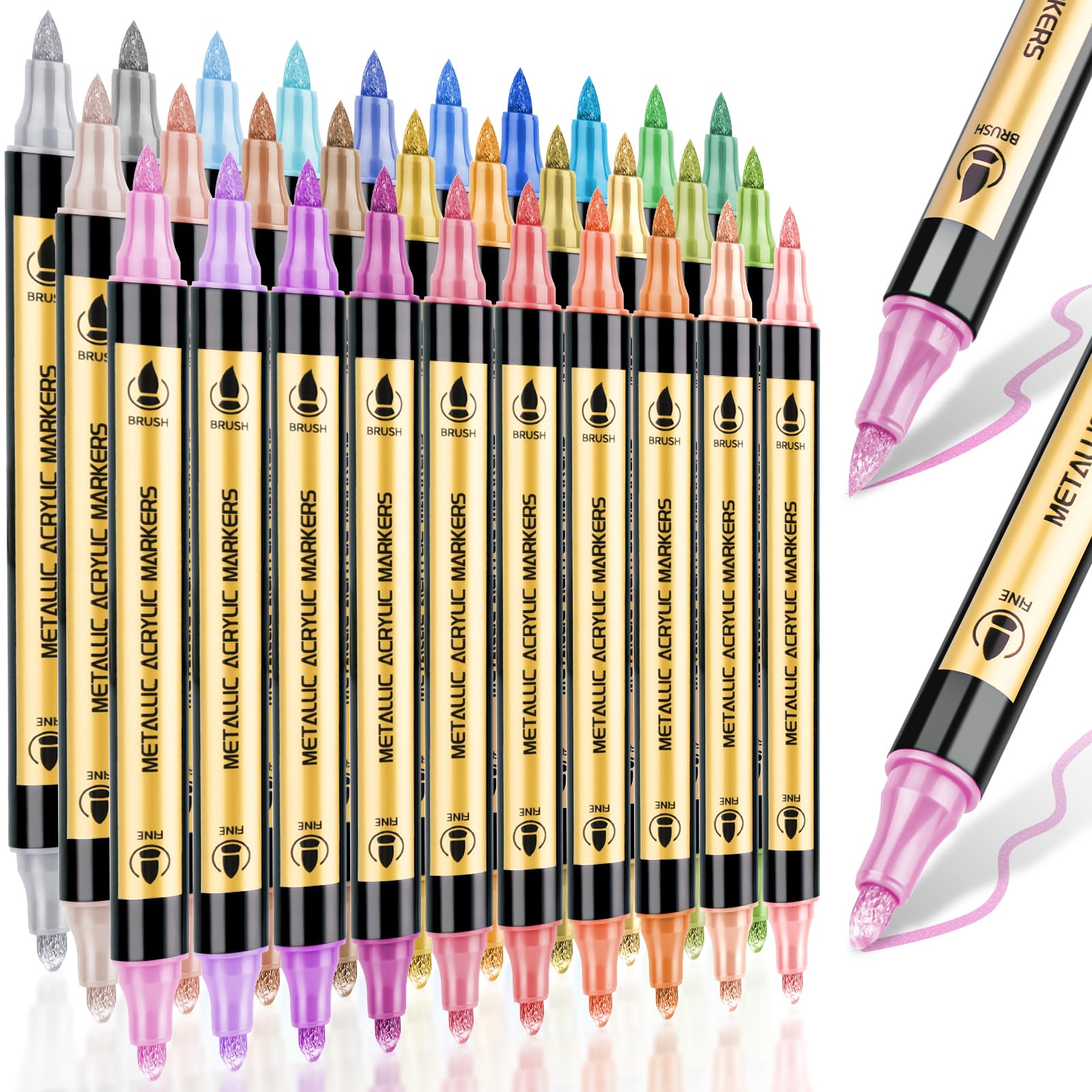 DUULEMANG Acrylic 30 Metallic Dot and Fine Metallic Markers for Ink Notebooks Markers, Colors, Colors, Tip, Waterproof, Quick-Drying, Double-Ended,