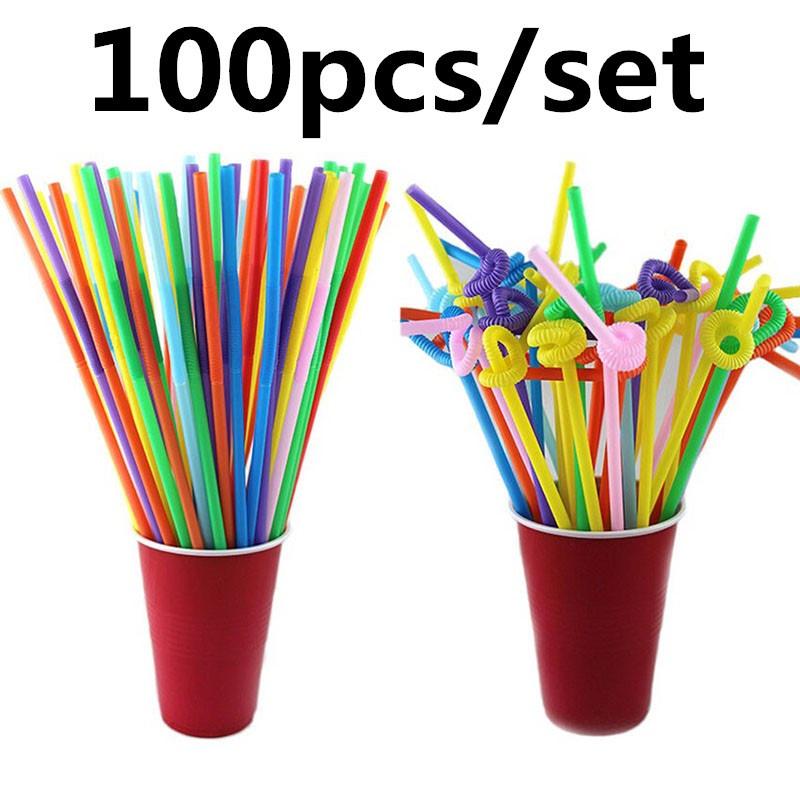 100 pcs Colorful Extra Long Flexible Bendy Party Disposabl Drinking Straws