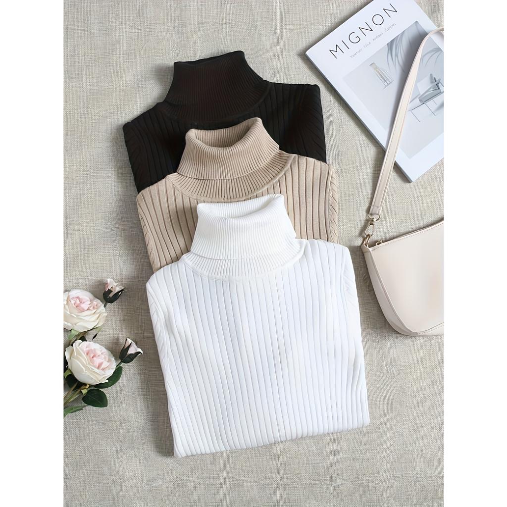 3 Pack Turtle Neck Ribbed T-Shirt, Versatile Slim Solid Color Long Sleeve T-Shirt for Spring & Fall, Women's Clothing