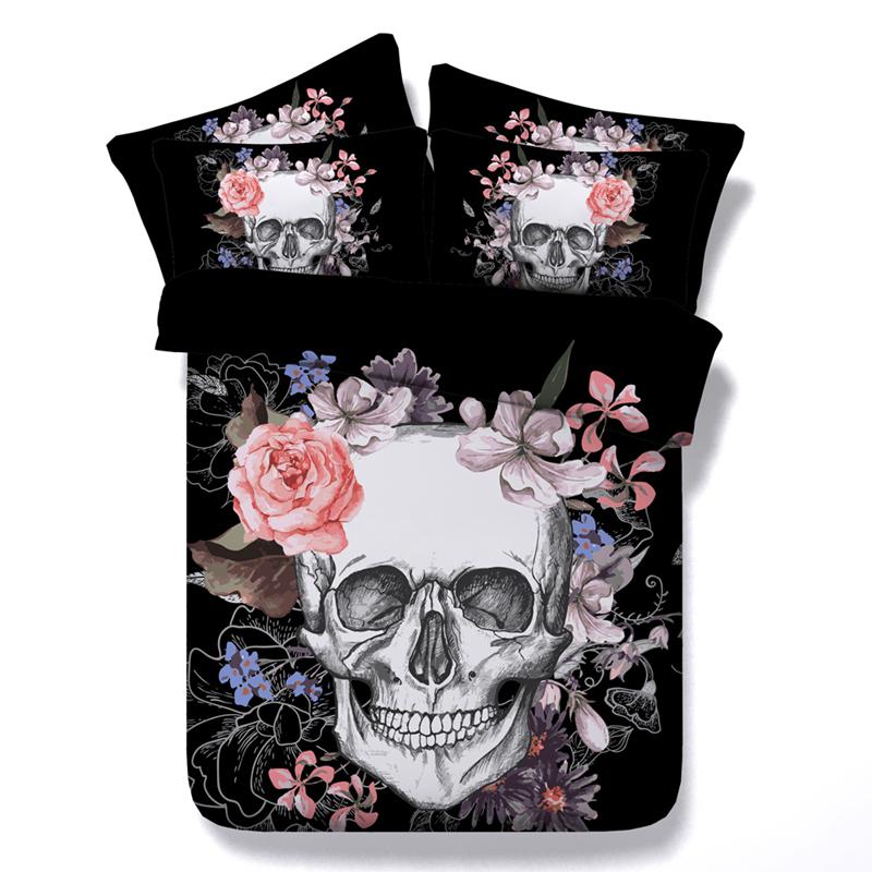 New 3D Skull Bedding Sets Plaid Duvet Covers For King Size Bed Europe Style Sugar Skull Bedding Pink Flower Duvet Cover Bed Set