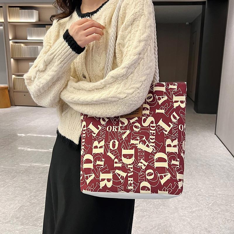 Stylish Large Canvas Tote Bag with Letter Print and Rope Handles for Work and Commute