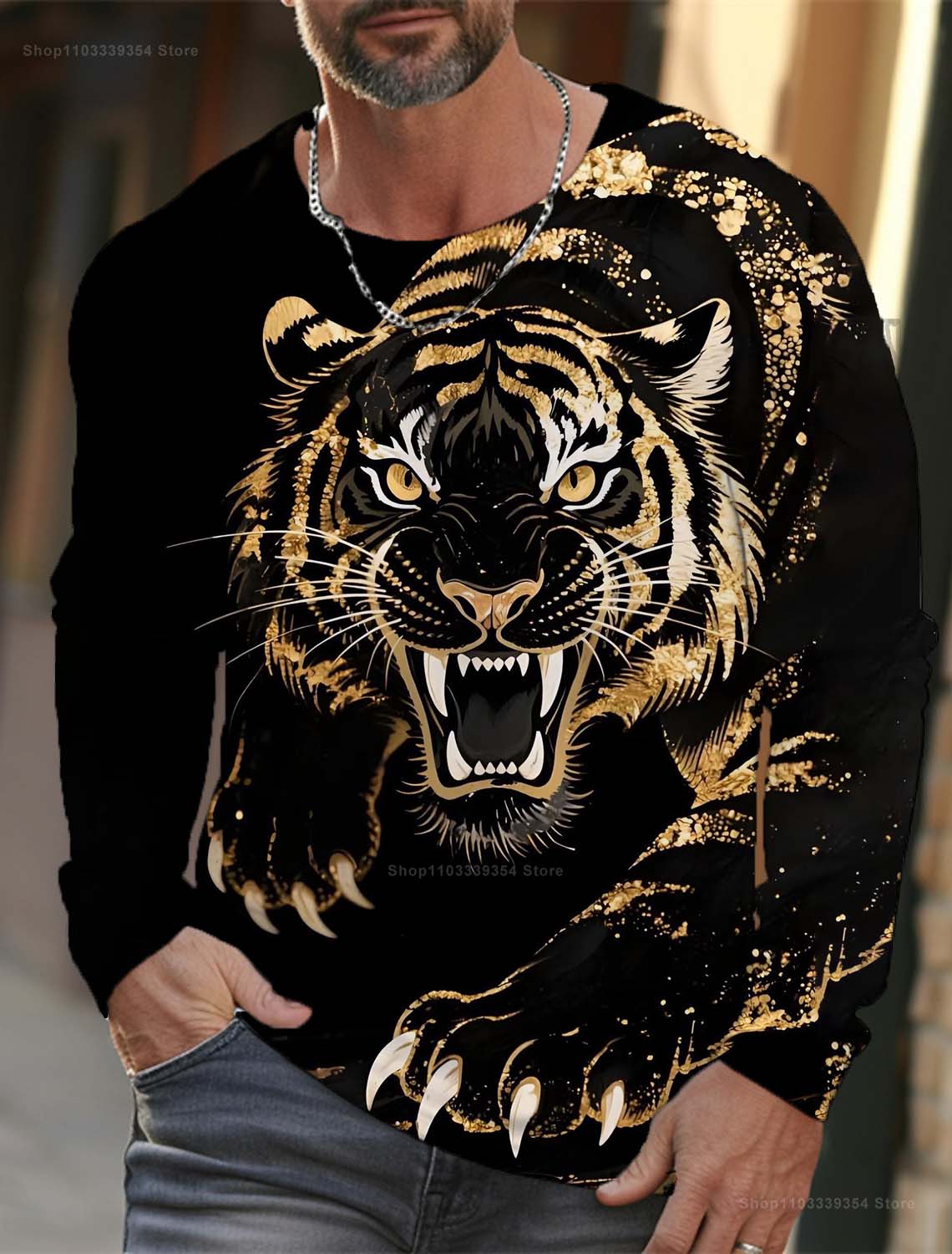 Fashion Lion Tiger Animal 3D Printed Men s Long Sleeves T-shrit Tops animal Pattern Casual Long Sleeve O-Neck Oversized T-shirt S