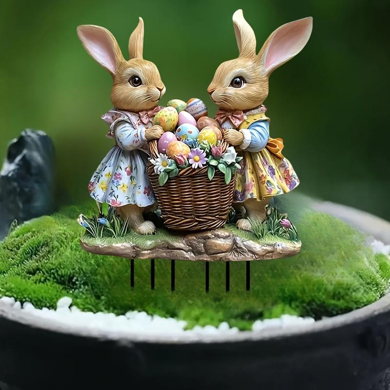2D Easter Bunny Garden Stand Flat Printing, Acrylic Bunny Statue with Basket, Outdoor Lawn and Garden Decoration, Easter Theme