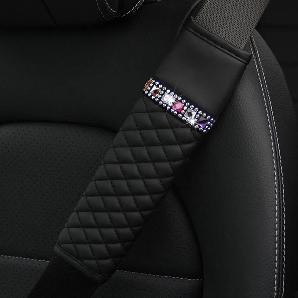 1Pc Universal Car Leather Diamond Rhinestone Seat Belt Cover Breathable Braided Plaid Auto Shoulder Protector Car Accessories