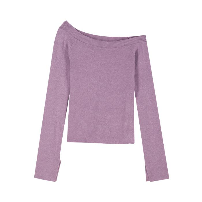 

Core-spun yarn, Spice Girl solid color long-sleeved slanted shoulder knitted sweater for women s autumn and winter off-the-shoulder split sweater One size fits all фіолетовий