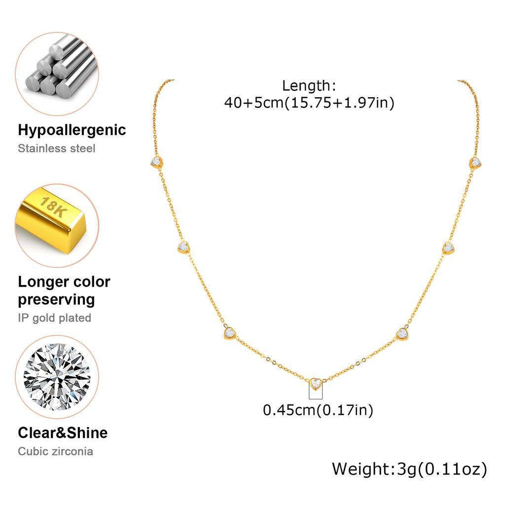 7 Heart-shaped White Zircon Necklace for Women,Gold Plated Stainless Steel Flat Rolo Chain Choker Necklaces,Fashion Jewelry Gift