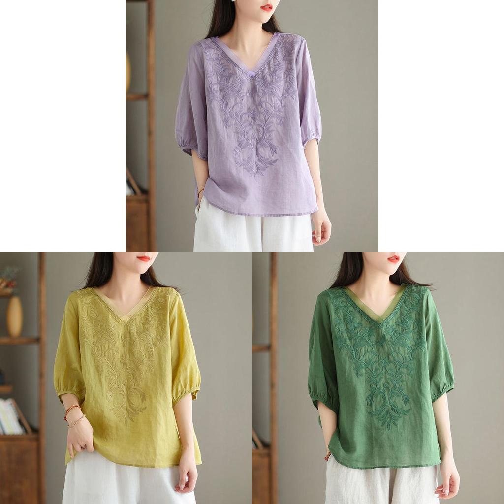 Cotton Embroidered Womens Short Sleeve Blouse For Summer Casual Wear