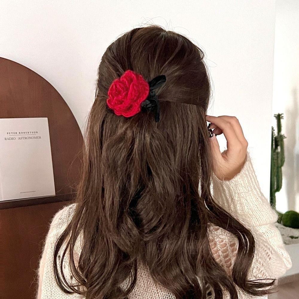 Knitted Wool Flower Hair Rope Wool Rubber Hair Tie Gift Rose Flower Hair Claw  Streetwear