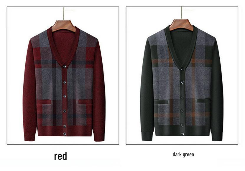 Men's Wool V-Neck Cardigan: Autumn & Winter Knit Long Sleeve Sweater - Thick, Warm, Business Style for Middle-Aged & Dad's Wear.