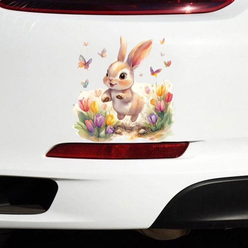 QT2329#15cm Easter Bunny & Tulips Car Sticker, Suitable for Laptop, Car, Truck, Van, SUV, Motorcycle, Bumper, Window