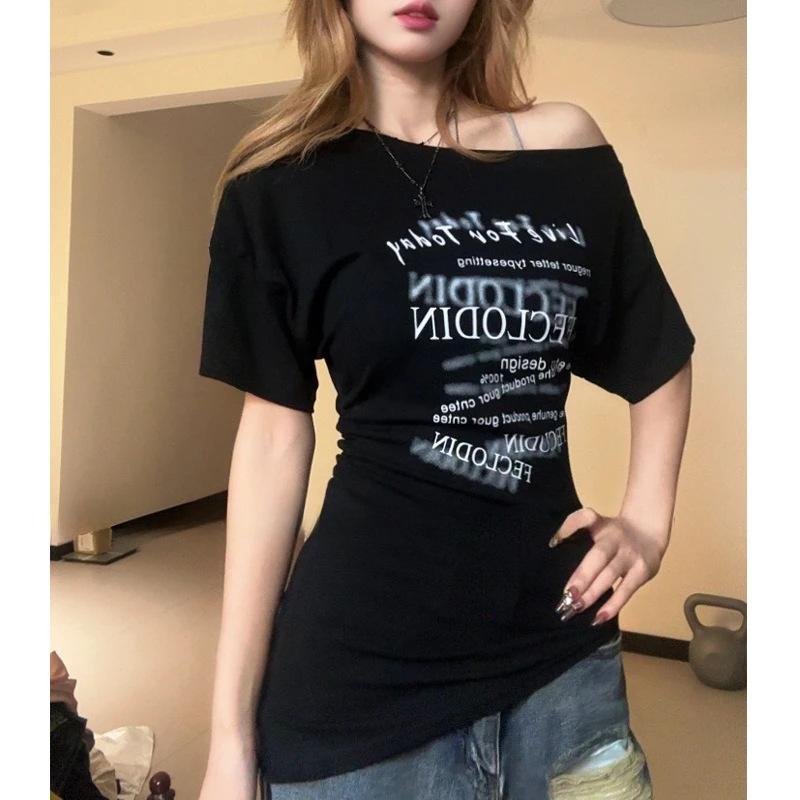 Pure desire style design slanted shoulders irregular short-sleeved T-shirt women's summer American retro hottie slim-fitting slim top