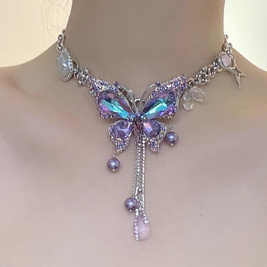 European and American Purple Diamond Butterfly Fringed Chain Necklace Women's Fashion Temperament High Sense Versatile Niche Design Collarbone Chain