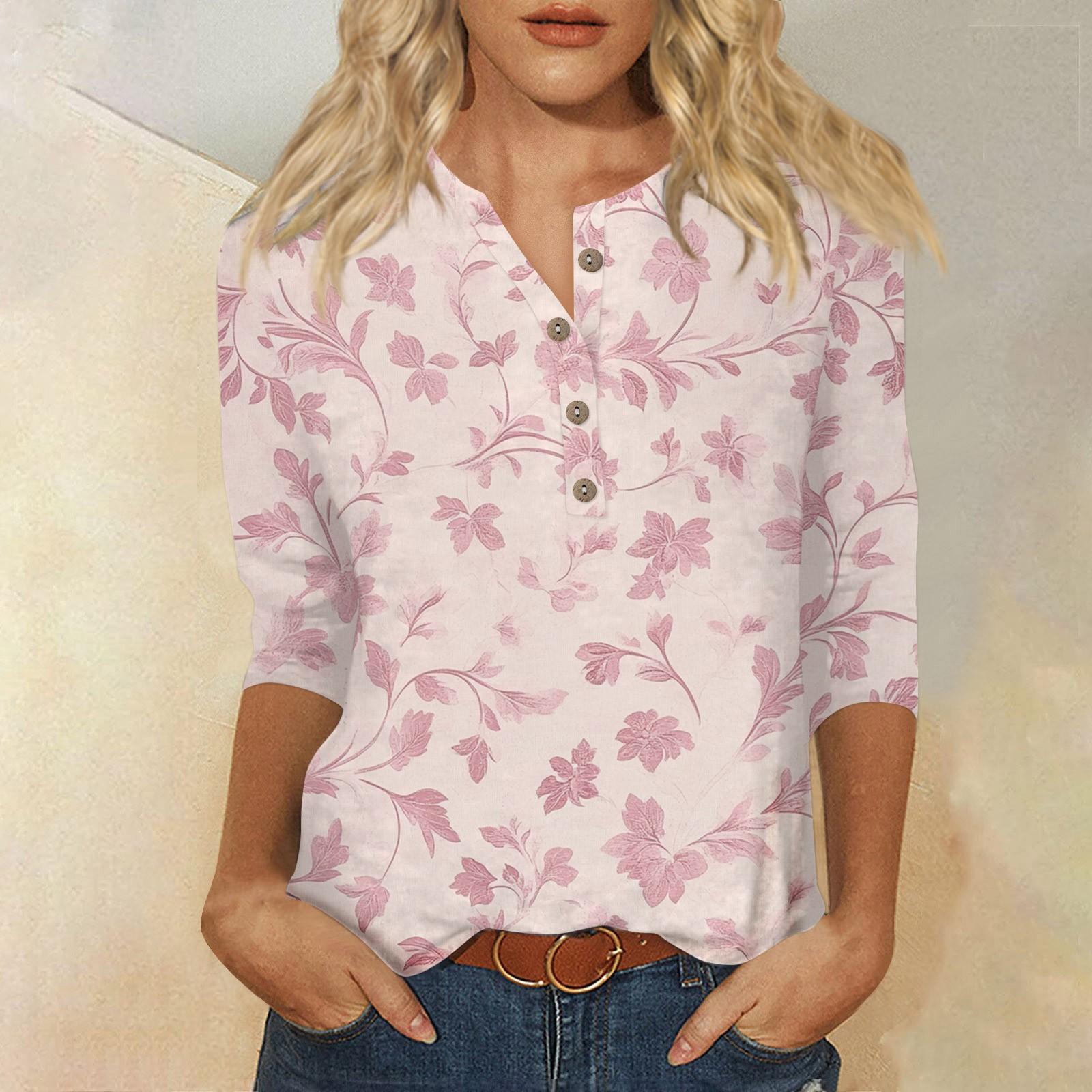 

Женский свободный повседневный топ с рукавом семь четвертей и цветочным принтом с круглым вырезом на пуговицах XXXL светло-розовый