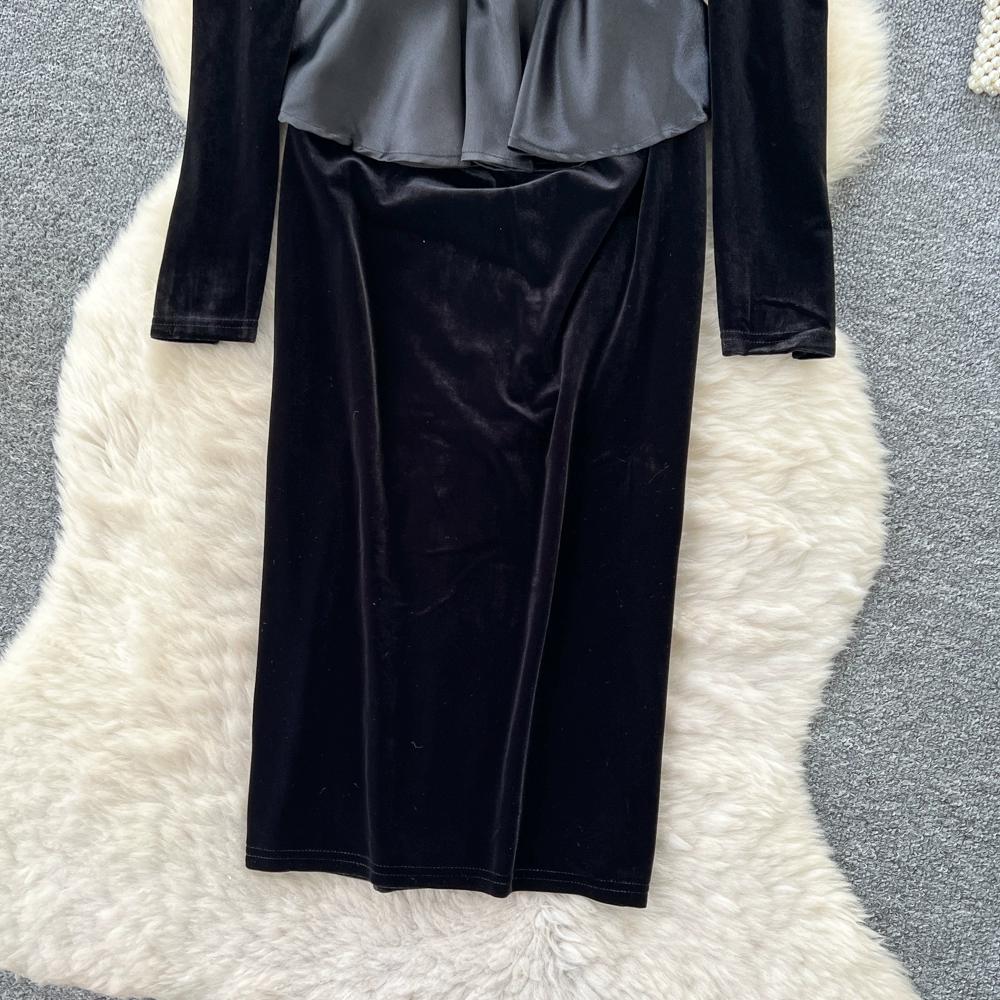 Herbst Winter Damen Vintage Hepburn Stil Perlenstickerei Schwarzer Samt Büroarbeit Slim Bodycon Bleistiftkleider