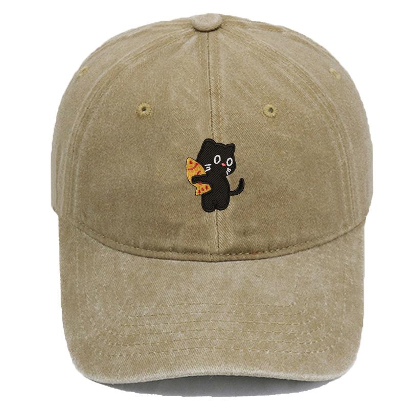 Vintage Washed Black Cat Holding Pizza Embroidery Baseball Cap Unisex Adjustable Brim Dad Hat Pet Lover Casual Outdoor Sun Hat