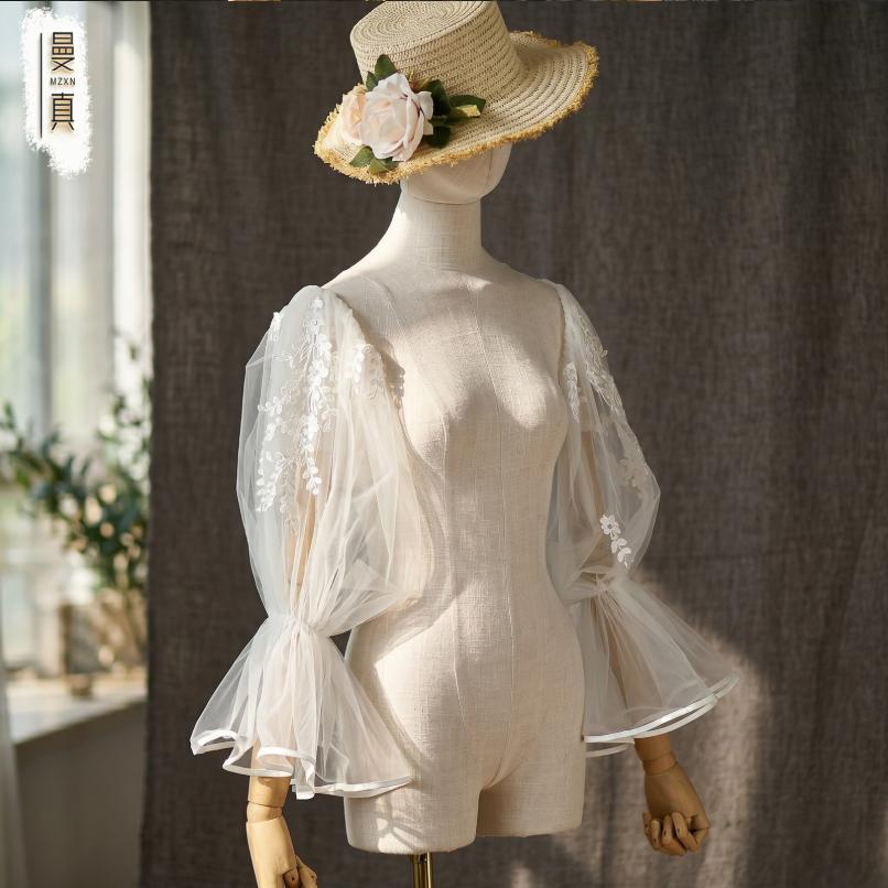 Off Shoulder Puff Tulle Sleeves Detachable Floral Lace Wedding Sleeves Removable Bridal Arm Cover For Strapless Mermaid Wedding Gown Photoshoot
