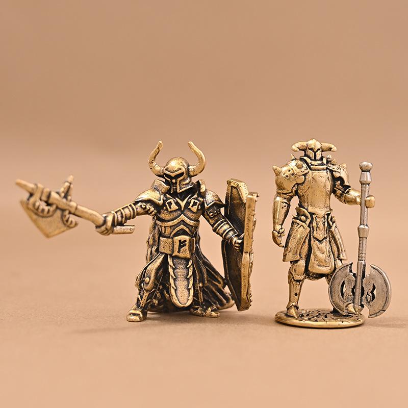 Vintage Brass Medieval Warrior Ornament Axe & Shield Design Durable Collectible Figurine for Home Shelf Decor