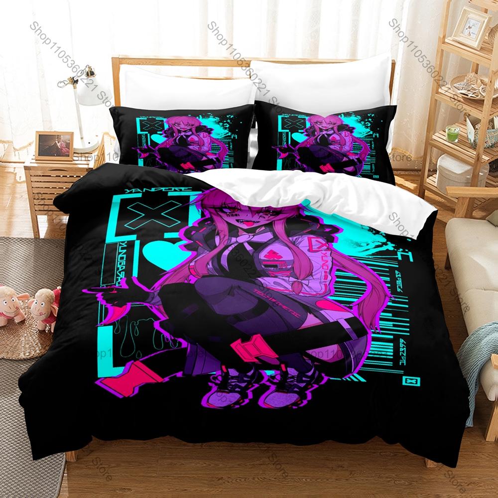 Cool Mirai Nikki Yuno Gasai Bedding Set 3 Piece Breathable Duvet Cover Set for Kpop Fans Gift Bedroom Decoration