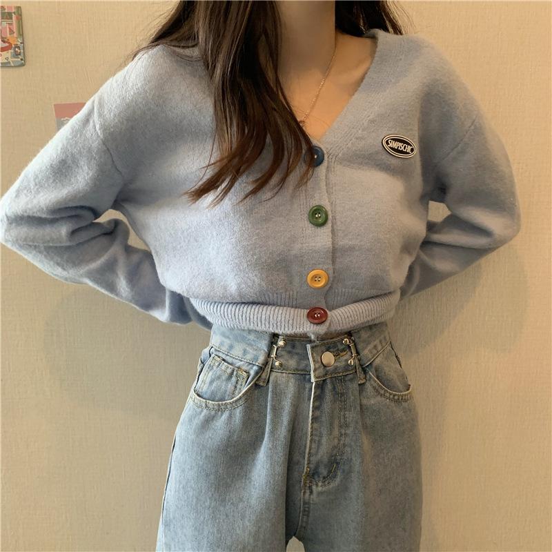 Women Sweater Cardigan Solid Korean V-neck Knitted Cardigan Lady Casual Slim Colorful Single Breasted Short Jumper Coats