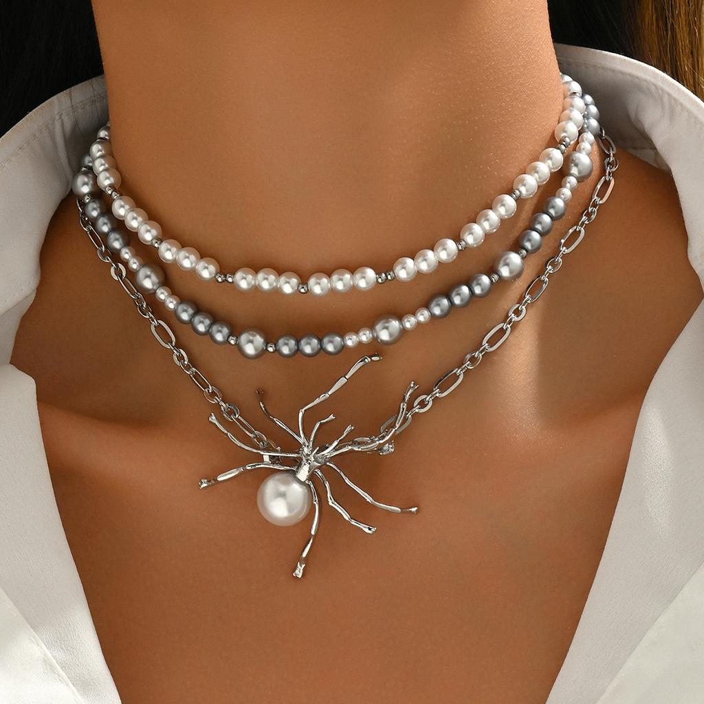 Halloween spider multi-layer necklace, retro hip-hop personality imitation pearl sticker neck jewelry for men and women